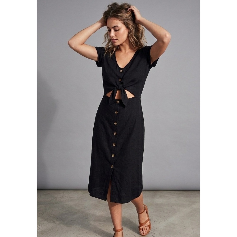Hollister Womens Black Midi Dress Short Sleeve Cotton Linen Button Front Medium